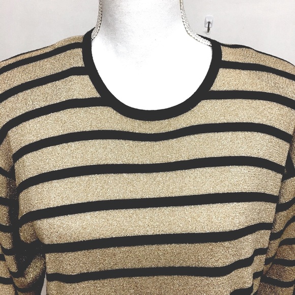 Lisa Originals Shiny Gold Sweater with Black Stripes. Size L - Picture 2 of 6